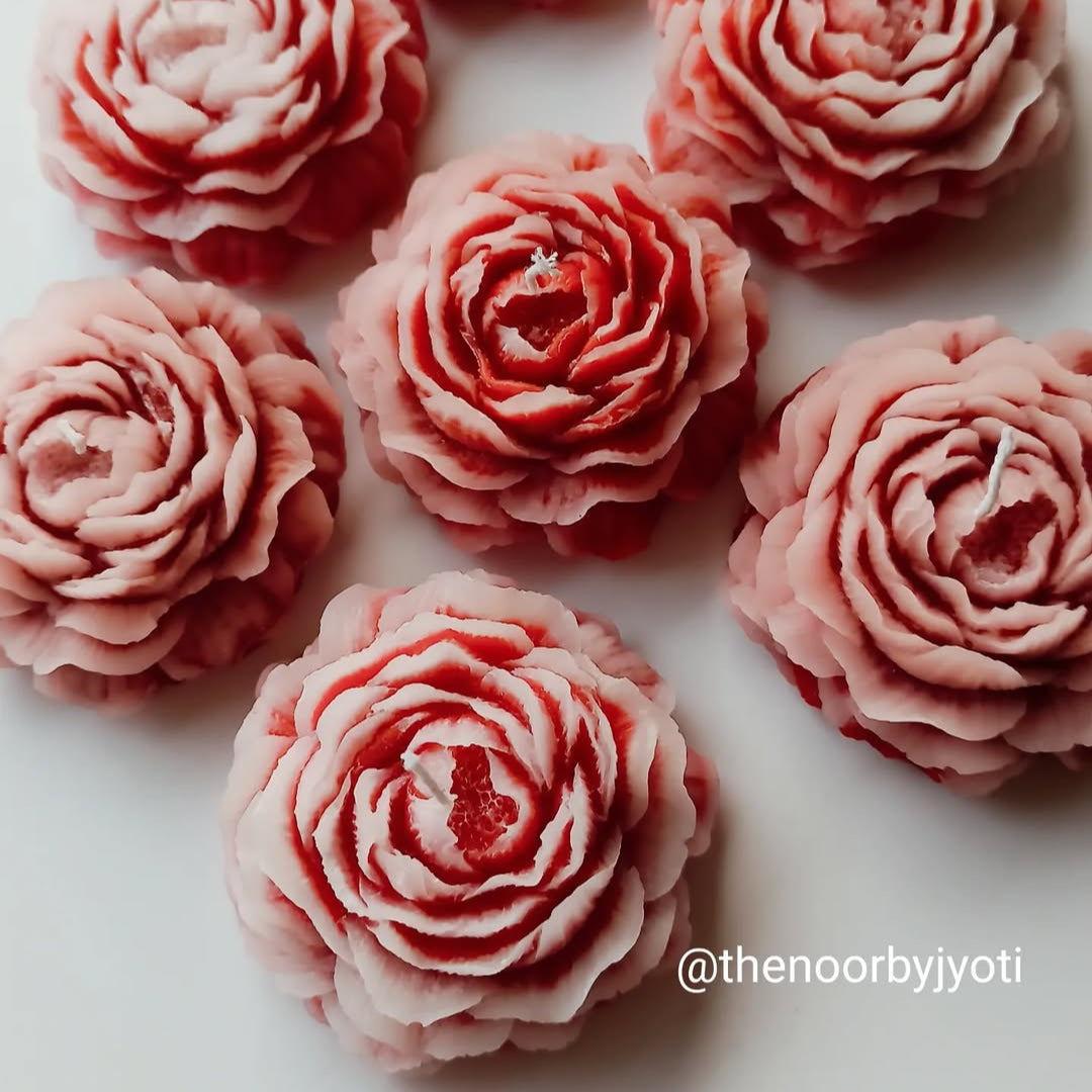 Pink rose-shaped candles on a white background