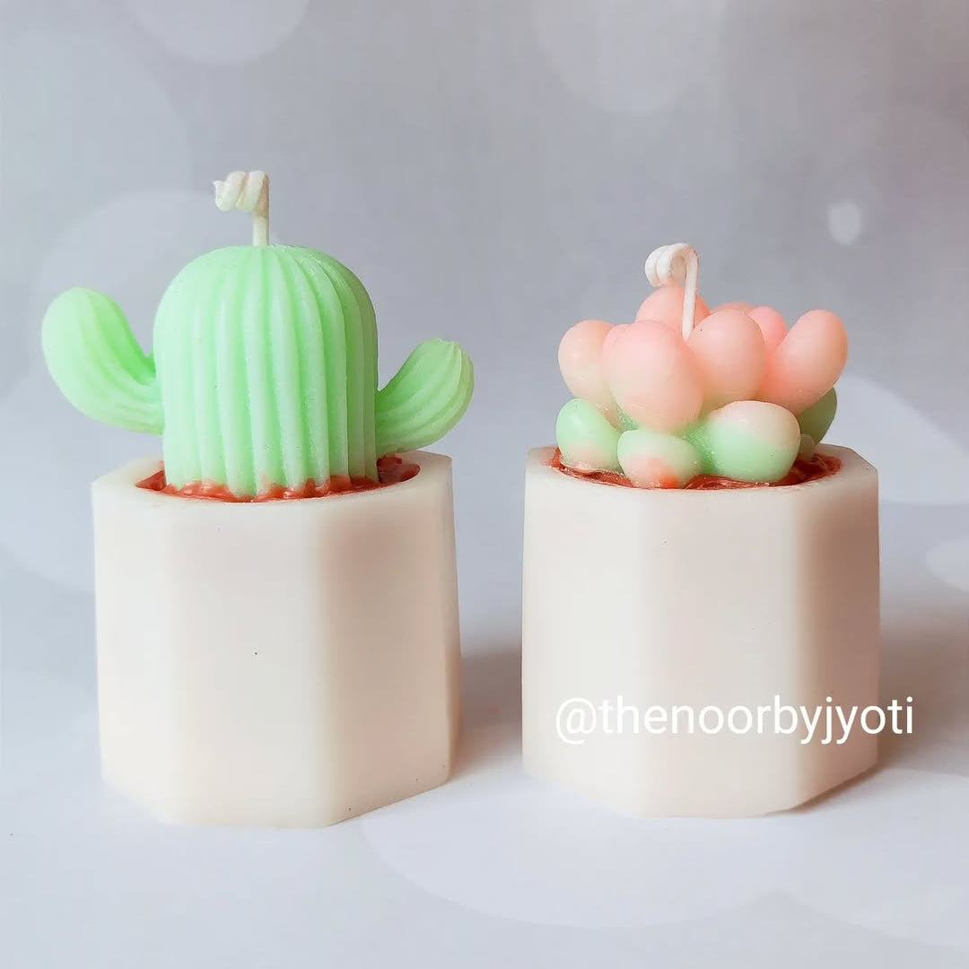 Two cactus-shaped candles on a white background with 'atthenoorbijyoti' branding.